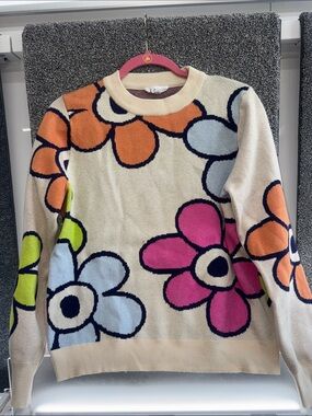 THML Cream Crewneck Sweater with Multicolor Floral Graphic